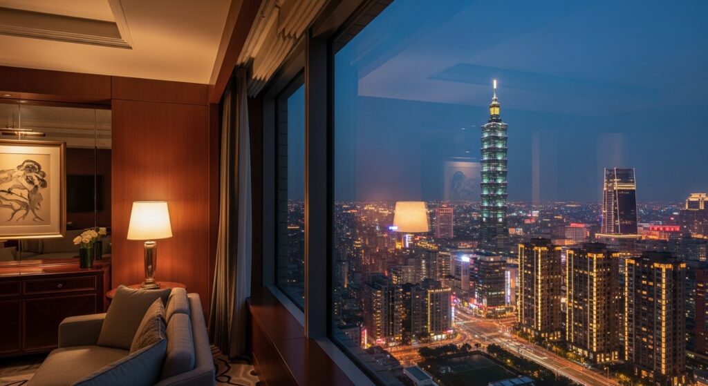 夜間台北市高檔酒店大廳，呈現安全與專業氛圍的影像，主關鍵字酒店衝突