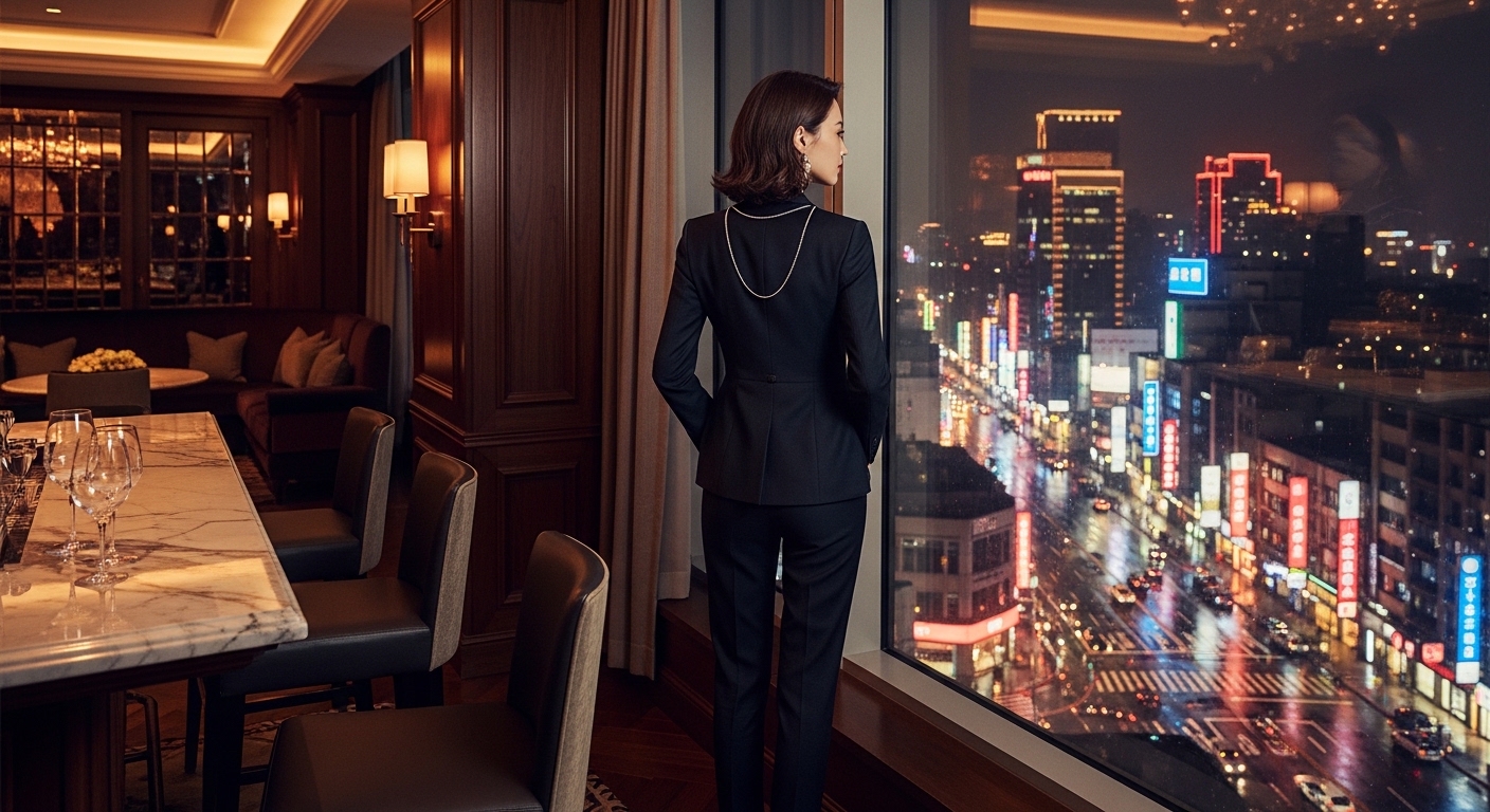 酒店權證 與專業女性經紀觀察的夜晚場景
