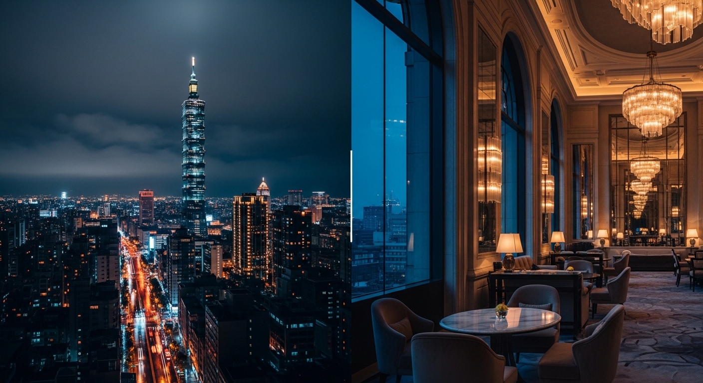 酒店經紀專業團隊在台北夜景前的形象，專業穩健風格