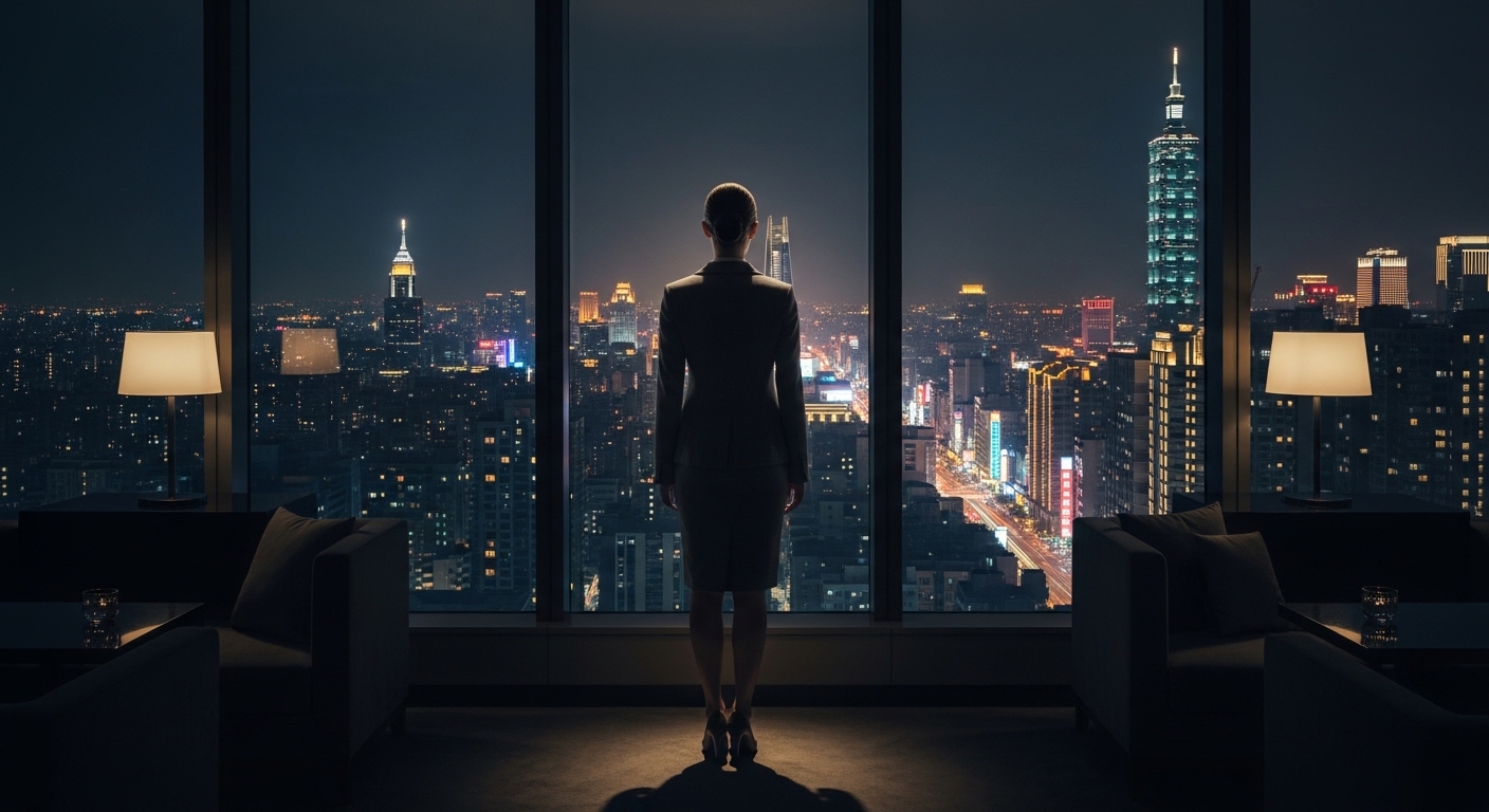 酒店經紀入門圖像，專業女性在夜景光影中成長