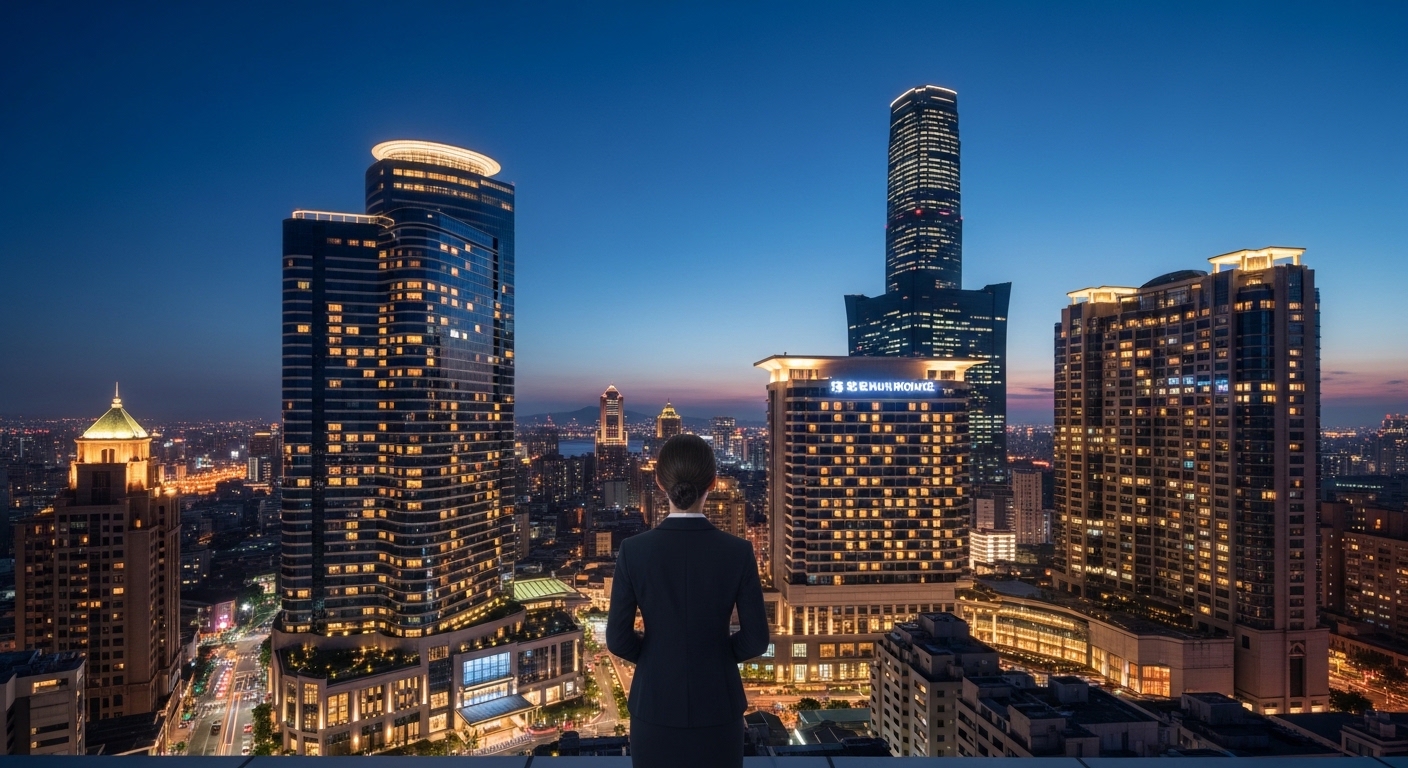 高雄酒店區夜景與專業女性工作氛圍，夜色與燈光交織