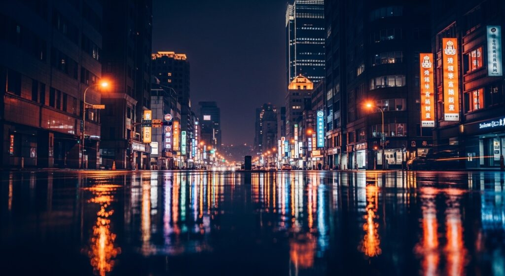 酒店治裝與時尚穿搭示意圖，夜間台北風格