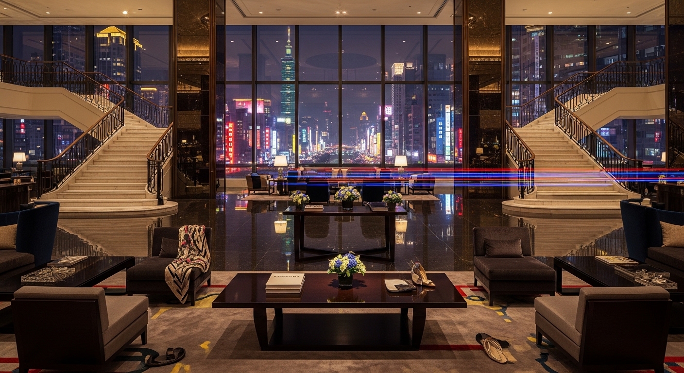 酒店經紀專業女性視角的職涯成長意象，夜晚台北城市景觀