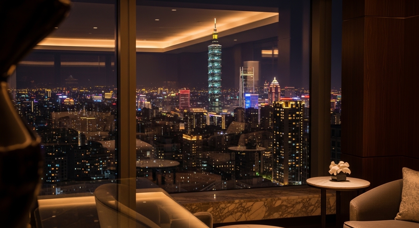 演藝圈酒店工作場景示意，夜晚台北時尚氛圍