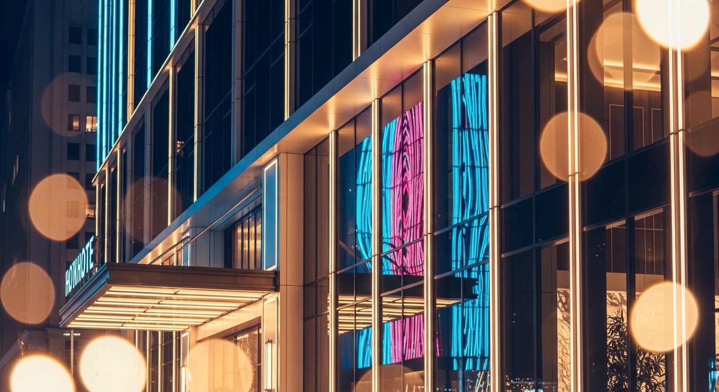 韓國客人服務情境的專業夜景氛圍，夜晚高檔酒店大廳背景含都市燈光