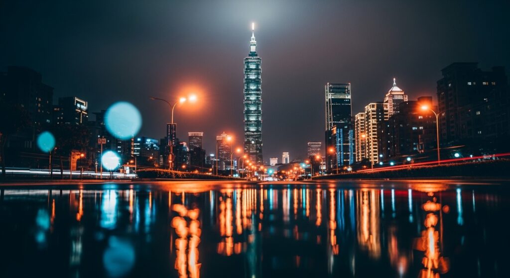 酒店詐騙情境示意圖，夜間台北風情與前台互動場景，專業女性經紀人在背後支持