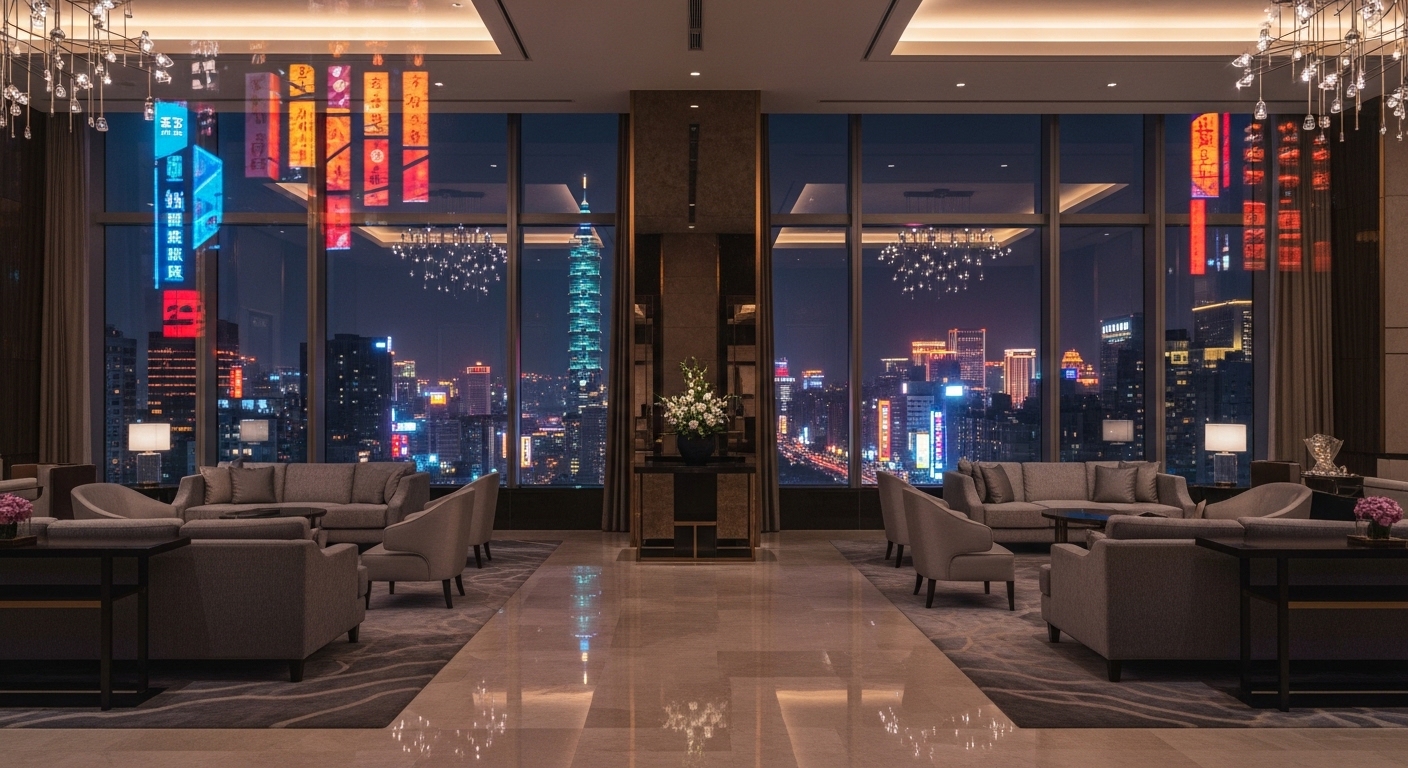 老派酒店與新派酒店對照示意，台北夜景中的高端酒店風格對比