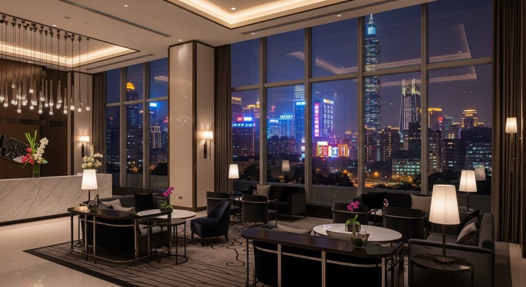 飯店酒店差別相關照片，展現夜景與高級飯店大廳，強調職涯觀點
