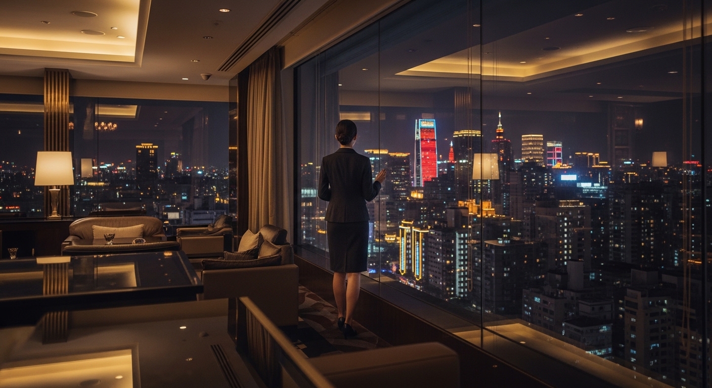 酒店生酮相關場景：夜晚台北城市景觀與專業女性工作氛圍，安全高雅