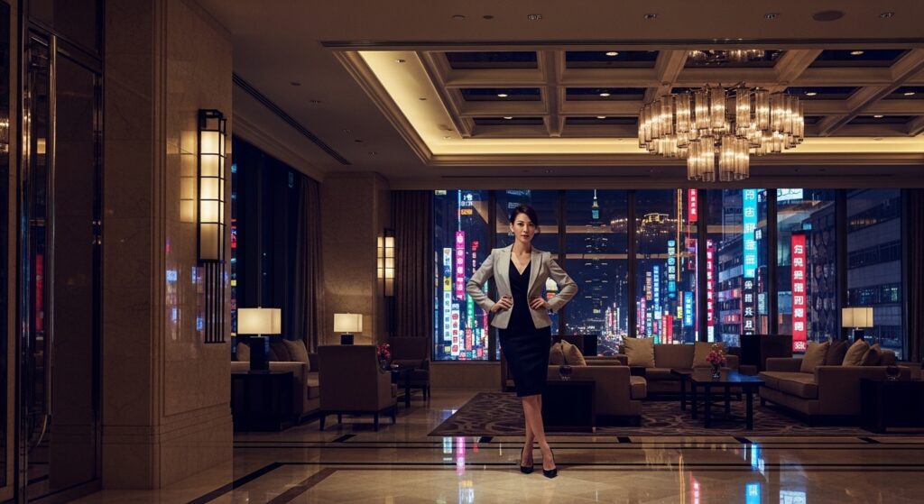 酒店經紀專業團隊在夜間台北夜景氛圍中的專業形象，呈現信任與專業