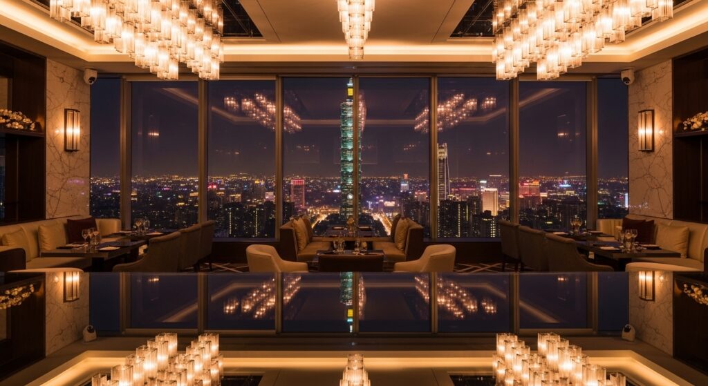 酒店業績成長夜景與職涯發展的象徵性美學，展示女性在酒店經紀領域的專業成長