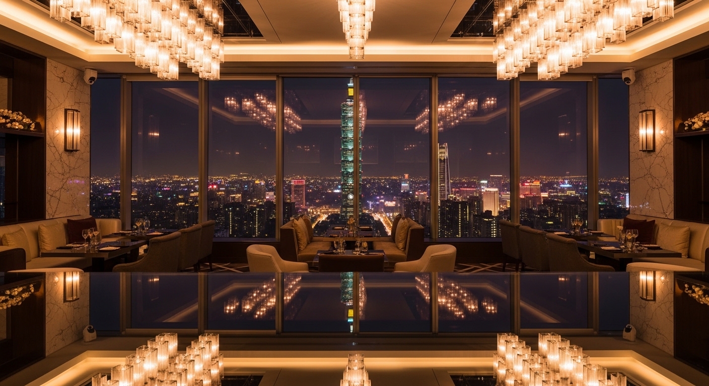 酒店業績成長夜景與職涯發展的象徵性美學，展示女性在酒店經紀領域的專業成長