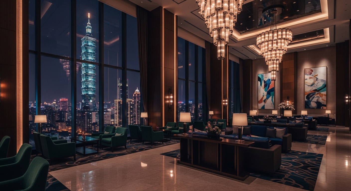 夜晚台北高級酒店大廳，押本票與擔保品專業氛圍