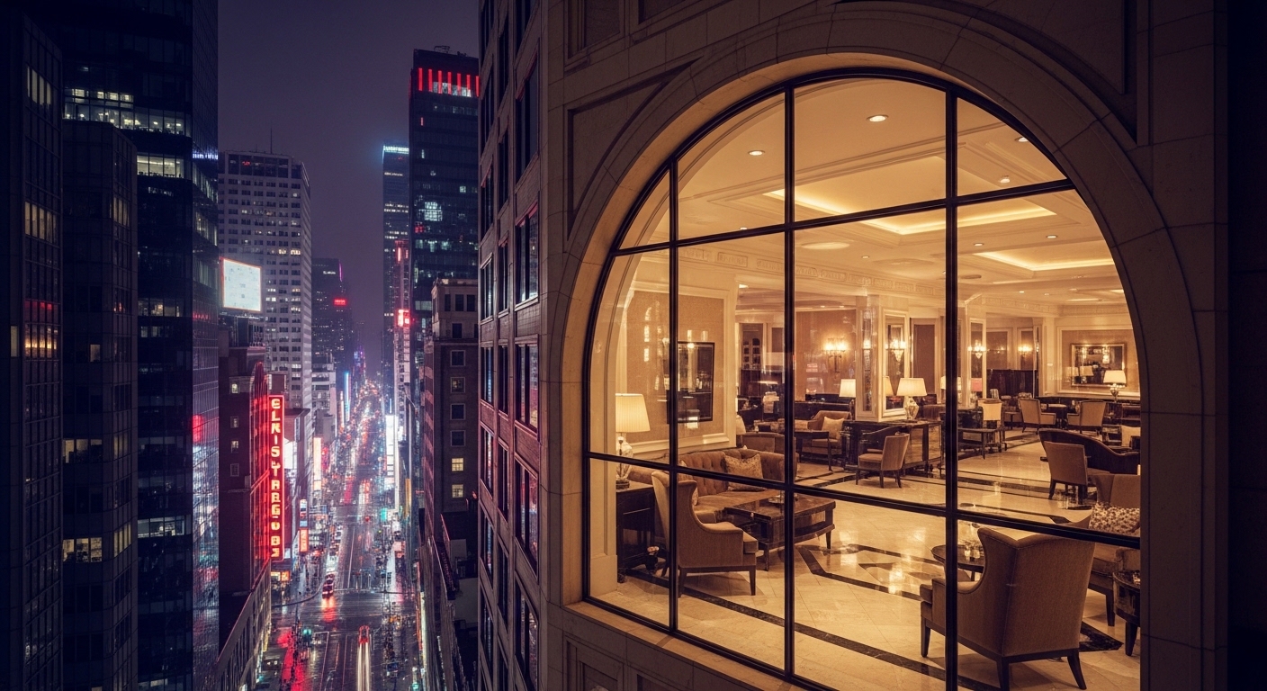 酒店經紀產業專業形象示意，夜景與商務風格
