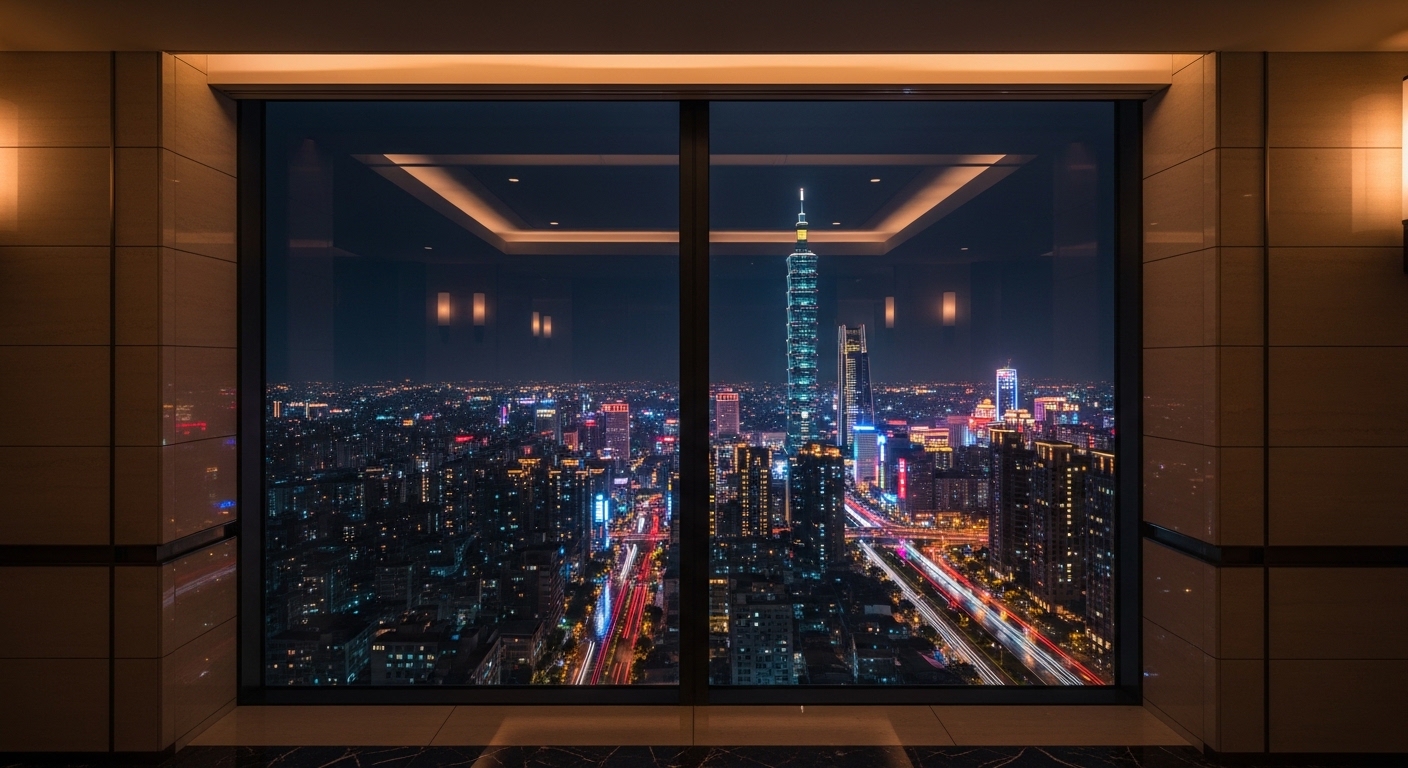 唯美酒店經紀團隊視角 夜晚台北都會風格 圖像註解