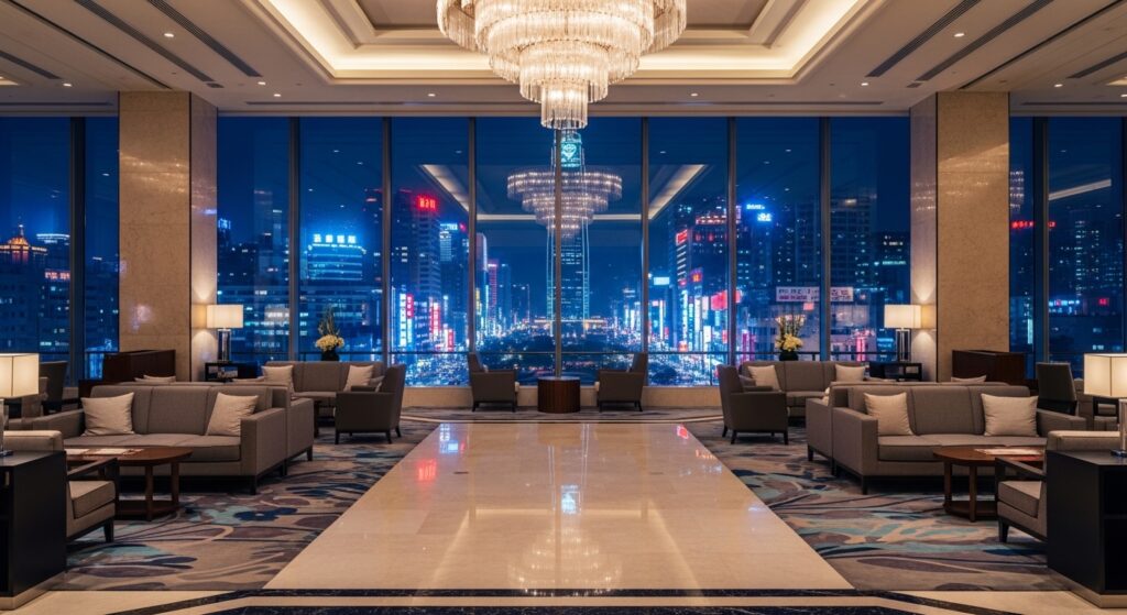 內湖酒店夜景與商務會所風格，夜晚霓虹光影