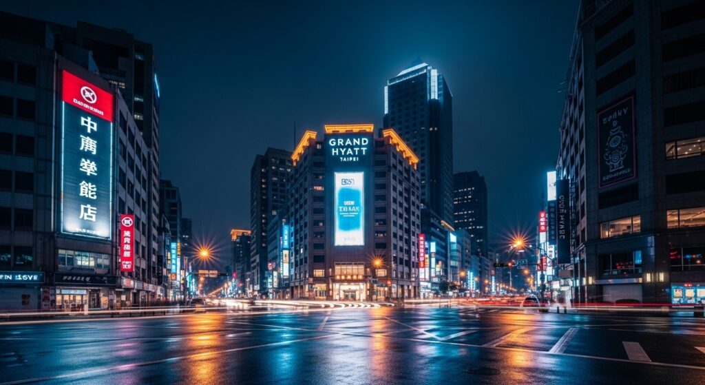 日式酒店與台式酒店在林森北路的風格對照，夜景背景，主題對比