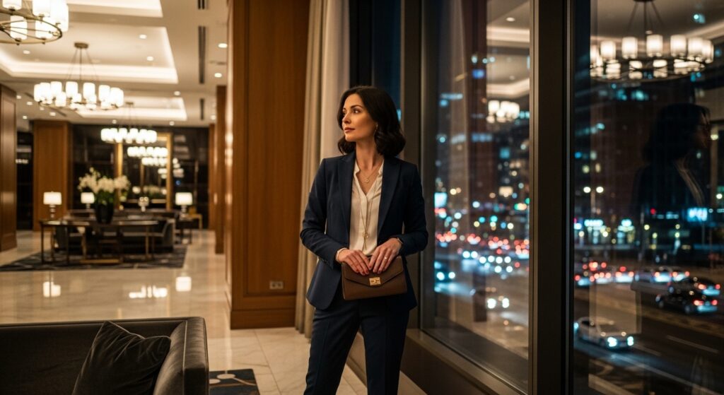酒店經紀專業工作場景，夜晚都市夜景與高級酒店大堂氛圍