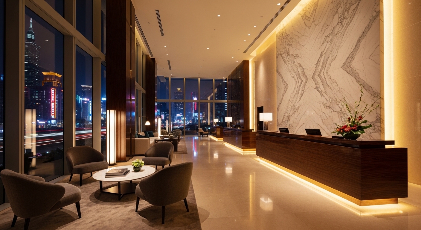 夜間台北飯店的酒店領檯前台場景，專業與典雅