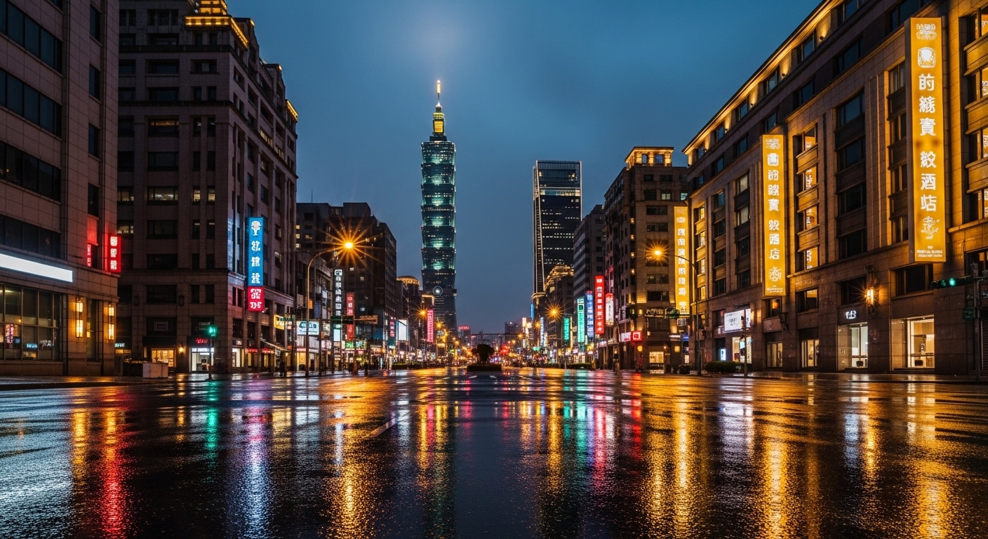 唯美酒店經紀相關夜景與職涯象徵圖像，夜晚台北光影與專業氛圍