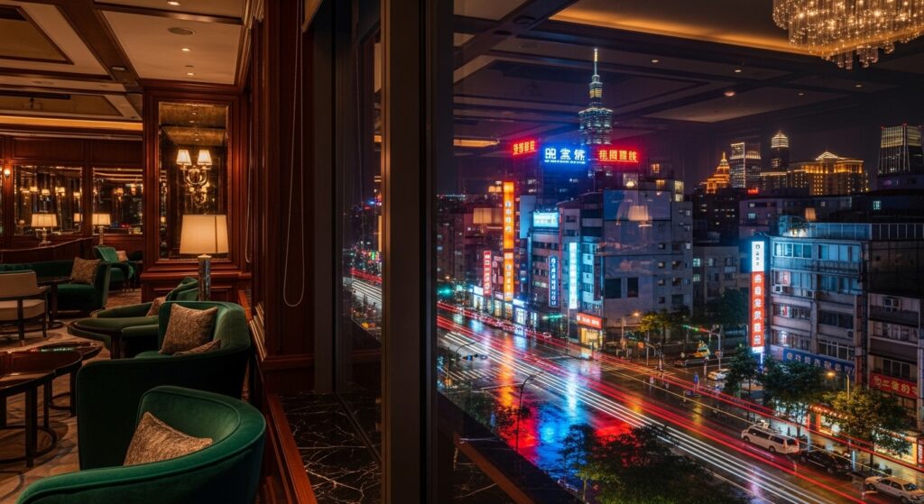 酒店睡眠與夜班工作策略在台北夜景中的示意圖