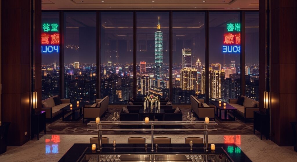 酒店難搞客人情境處理示意，夜晚台北酒店大堂