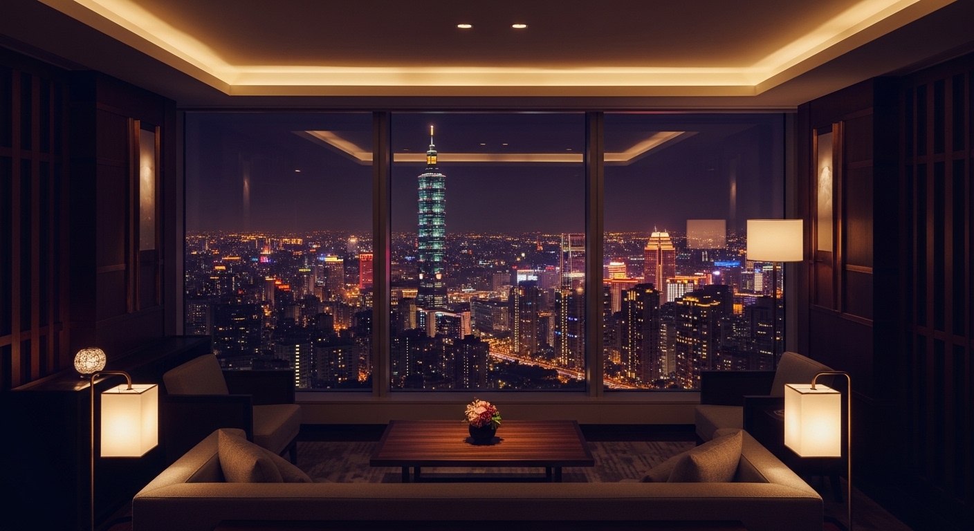 酒店月入分析的專業夜景場景，夜幕都會氛圍，含主關鍵字