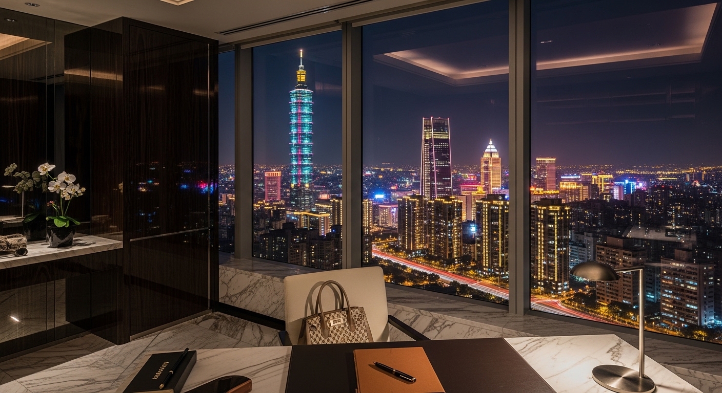 唯美酒店經紀產業示意圖，夜間城市與高檔風格