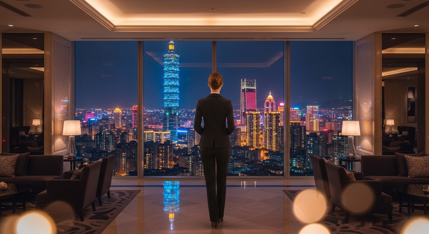 新進女性在夜間台北風貌中的酒店經紀職涯場景