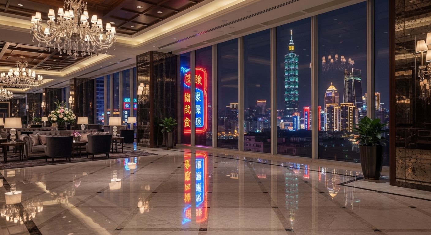 唯美 酒店經紀 產業入門 圖像說明，夜晚台北高端酒店場景