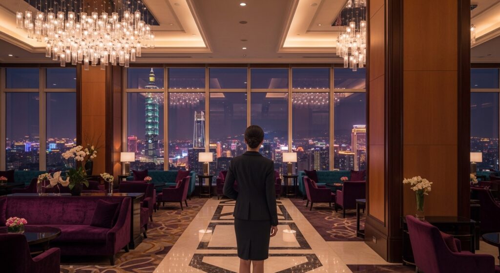 夜晚台北都會夜景與高檔酒店內景，專業女性職涯形象