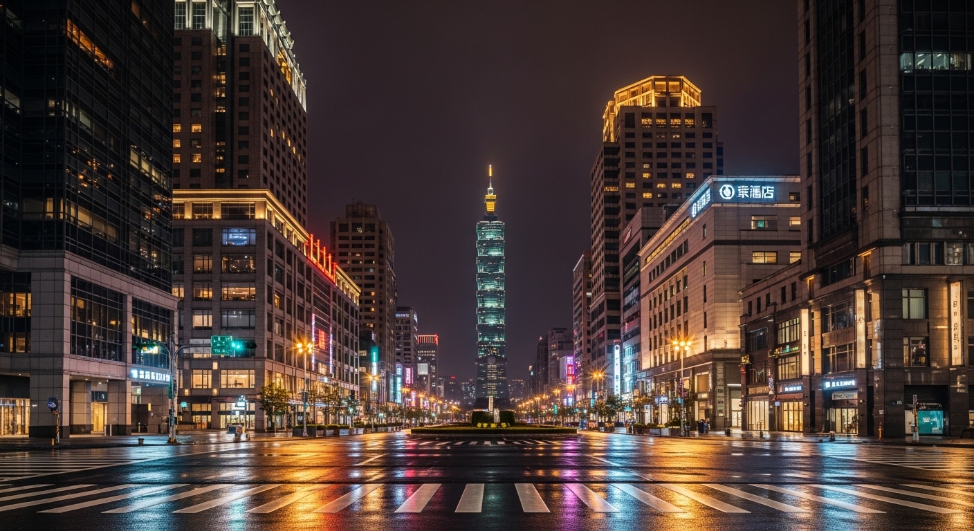 唯美酒店經紀實務與職涯指引示意圖，夜晚台北市景融合專業氛圍