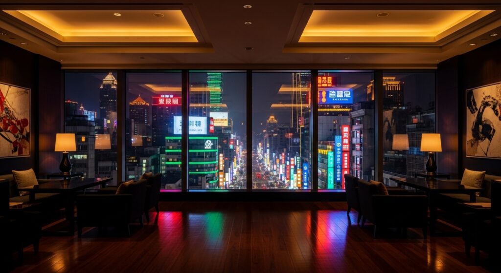 酒店語言能力在台北夜生活城市中的專業場景示意，聚焦英文日文溝通