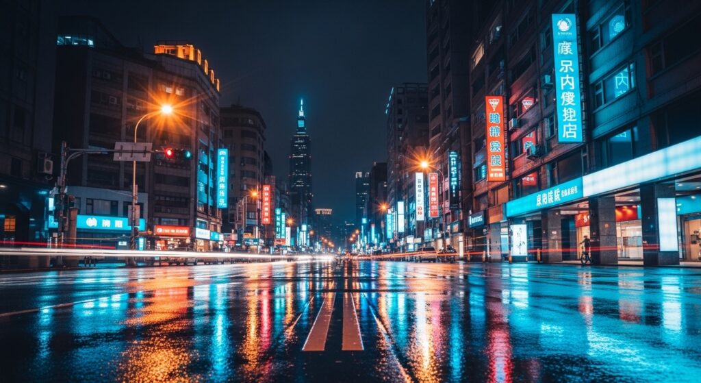 中山區酒店夜景與城市景觀，夜間霓虹映照