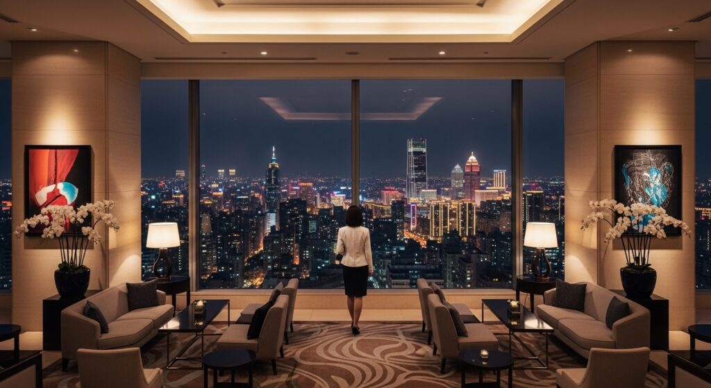 酒店送禮場景示意：專業女性經紀於高端酒店工作環境