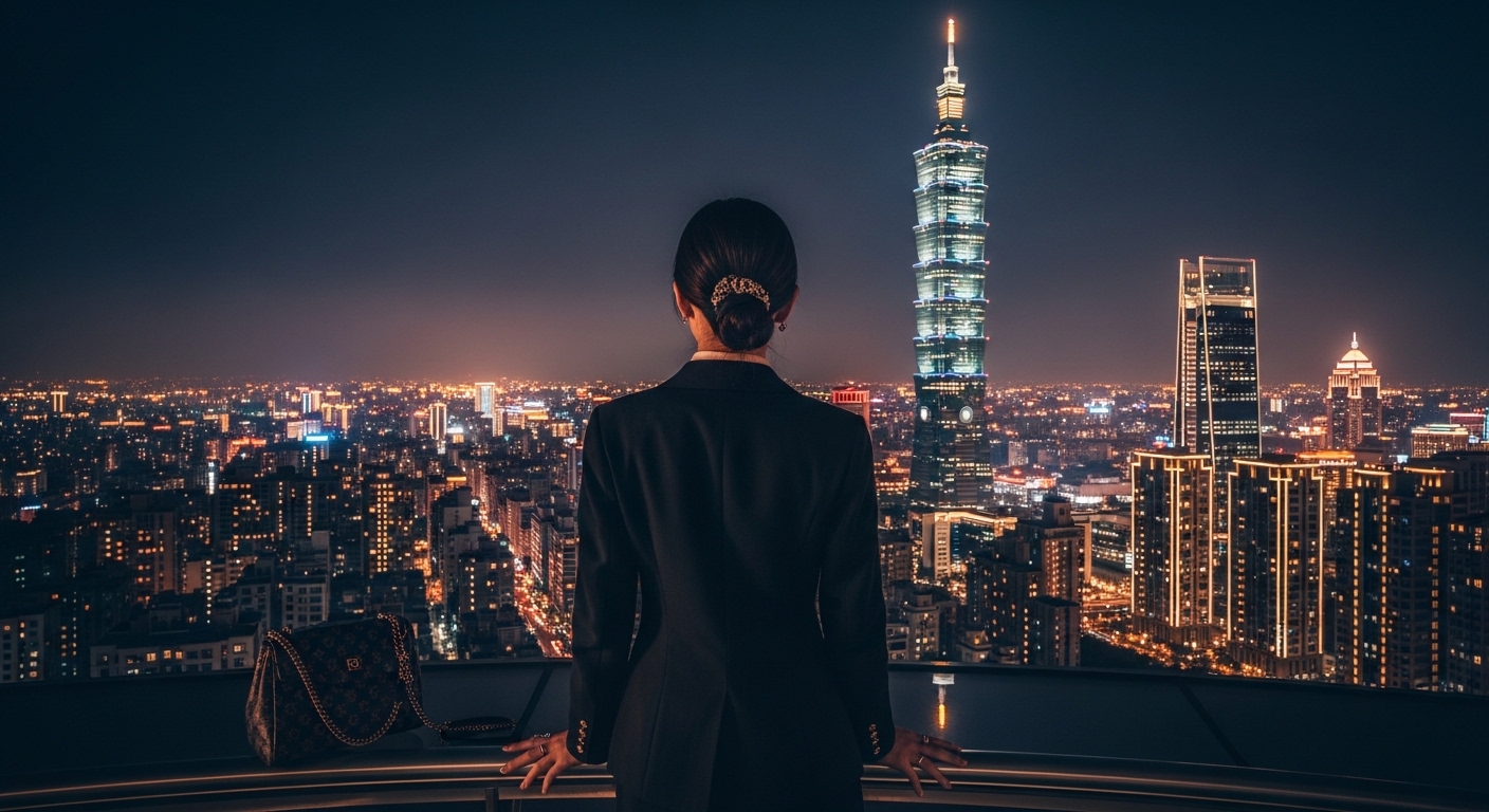 酒店 PT 專業女性在夜間城市景觀中的工作場景與風格意象