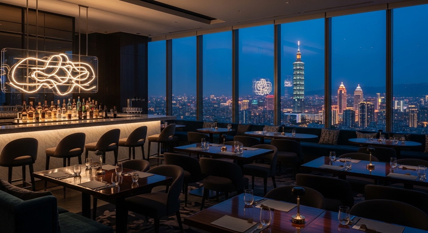 外籍女性酒店工作情境示意，台北夜景與高檔場域