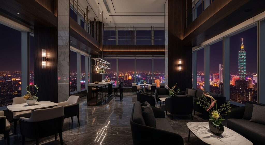 台灣酒店歷史主題夜景與工作者觀察的象徵性畫面，突出台灣酒店歷史與夜經濟脈動