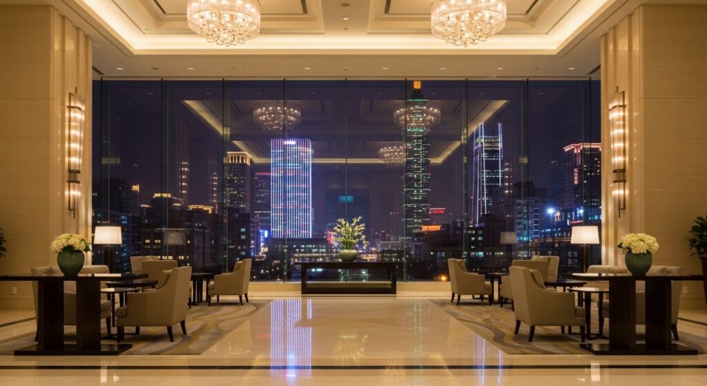 酒店緊急聯絡設定示意圖，夜景與高雅大廳風格