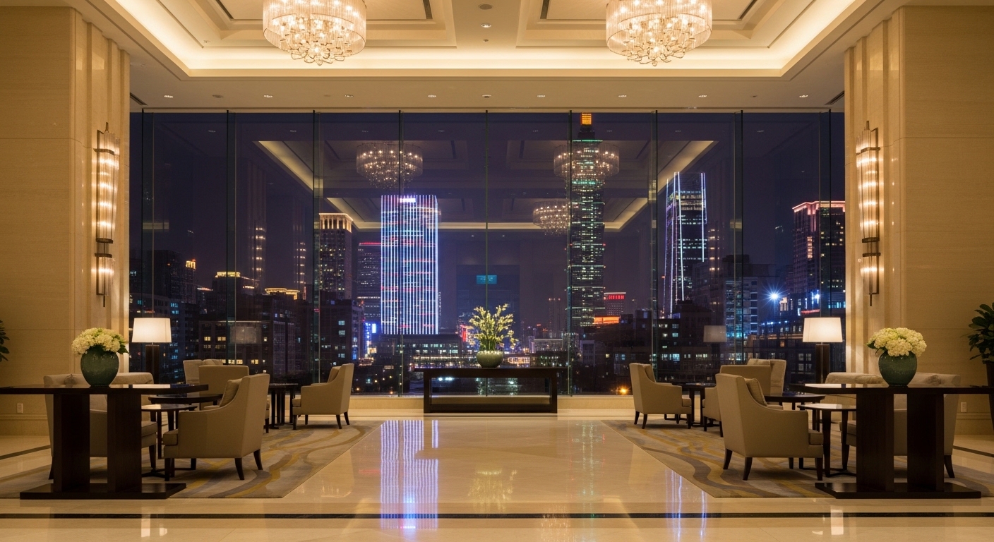 酒店緊急聯絡設定示意圖，夜景與高雅大廳風格